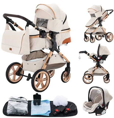 YAZOCO kinderwagen 3 in 1 Buggy Babybett Komplett Set Einem Klick Zusammenklappbarer Kinderwagen, KombiKinderwagen Aluminiumrahmen für Neugeborene Sitzzubehör (5 Creme)