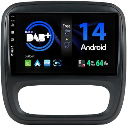 SXAUTO『Built-in DAB』Android 14 IPS Autoradio Para Renault trafic 3 (2014-2021) - Inalámbrica CarPlay/Android Auto - LED Cámara + MIC - 4G+64G - 360-CAM Volante Fast-boot DSP WIFI AHD - 9 Pulgada 2 DIN