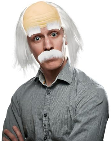XNIVUIS 3 Stück Opa Perücken Set,Opa Kostüm Perücke,Glatzkopf Herren Perücke,Halbglatze Perücke,Wissenschaftler Verrückte Professor Perücke Schnurrbart für Party Cosplay Karneval Halloween (3 Stück)