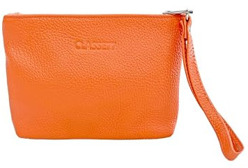 CLASSE77 Pochette à main en cuir véritable souple – Petit sac à main avec dragonne pour homme ou femme, pratique et élégant – Fabrication artisanale – Fabriqué en Italie, orange.