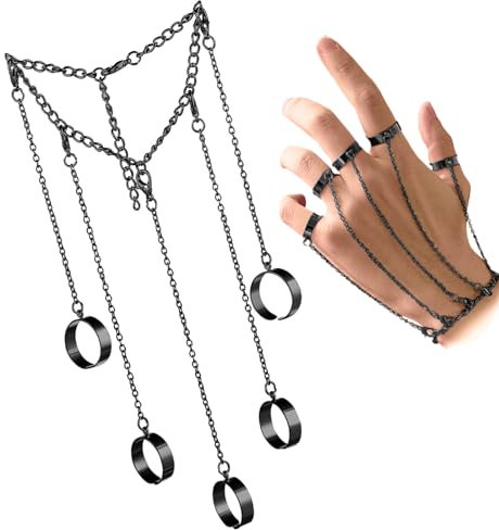 Snowtain Punk Kreuz Knuckle Ring mit Quaste, Layered Fingerring Armband Silber Slave Armband, Vintage Open Finger Ring mit Kette, Punk Ring Armband für Damen Herren (Schwarz)