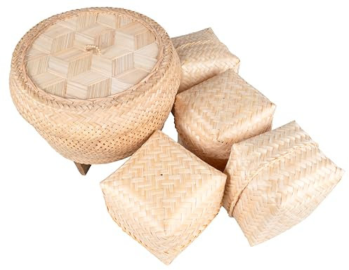 CCcollections Panier en Bambou Fait Main pour Riz Gluant - Panier avec Couvercle pour Riz Moelleux et Résistant à la Chaleur - Idéal pour Usage Domestique et Restaurant- Ensemble Cuiseur Vapeur