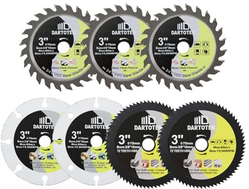 DARTOTEK Wood Cutting Circular Saw Blade HSS/TCT/Cemented Carbide 75mm Cut Off Wheel for Wood Plastic Arbor 10mm, 7pcs