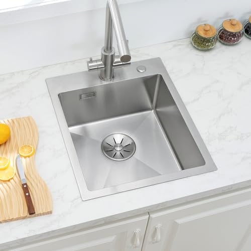 Sofetiy Fregadero Cocina 1 Seno 40x48cm, Pequeño de Acero Inoxidable, Sobre Encimera Con Nuevo Sifón y Rebosadero, para Mueble a Partir de 40cm, Lava Loicas Cozinha