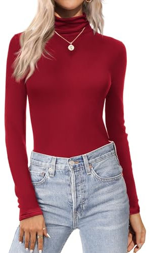 Ekouaer ek Womens Turtle Neck Long Sleeve Shirts Turtle Neck Tops for Women Lightweight Base Layer Solid Slim Fit Tops, Wine red, S