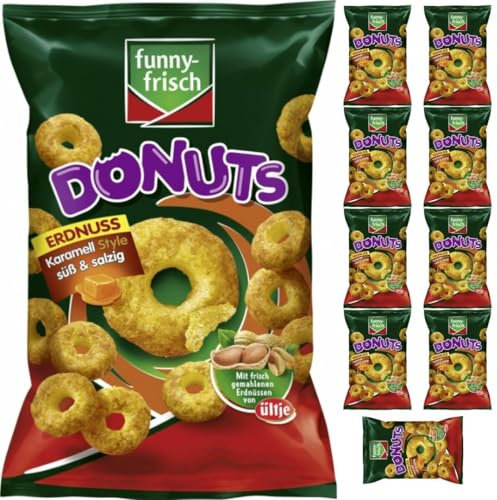 Funny-frisch Donuts Erdnuss Karamell Style süß & salzig Chips Cracker 110 gramm x 10 Stück mit Pufai Grocery