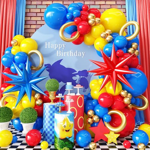 126Pcs Red Blue Yellow Balloon Arch Kit, Cartoon Hedgehog Theme Primary Color Balloon with Gold Circle Explosion Star Foil Balloon Garland Set for Boys Kids Carnival Circus Birthday Party Decorations