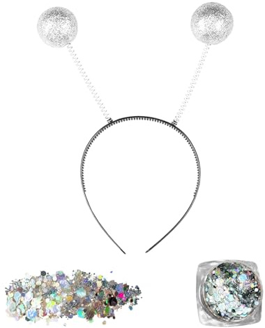 Lufdegim Alien Haarreif, Halloween Kopfschmuck mit 2 Runden Schwingenden Kugeln, mit Holografischer Glitter, Alien Kostüm Accessoires für Erwachsene und Frauen Party Halloween Fasching Kostümzubehör