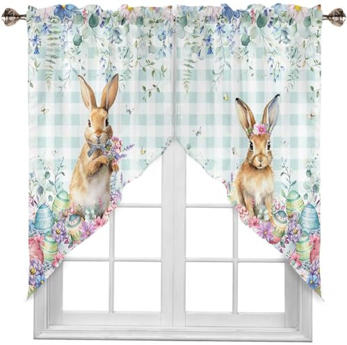 panemy Oster Küchenvorhänge, Osterdeko Ostereier, Osterhase Fenstervolant-Set, Bauernhaus Küchenvorhänge Girlande Volant, Scheibengardine Ostern Fensterdekoration, Küche Fensterbehandlungen