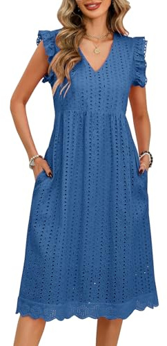 UMIPUBO Robe Ete Femme Midi Col V Robe Boheme avec Poches Manches à Volants Coton Robe De Plage Chic et Elegant Longueur Genou Décontracté Casual (Bleu, XL)