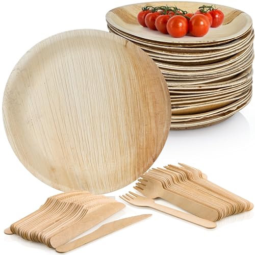 Moritz & Moritz Nachhaltiges Palmblatt Geschirrset für 100 Personen - 100 Teller Einweg Ø 20 cm - 100 Holzbesteck Einweg - Alternative zu Bambusteller und Bambus Geschirrset