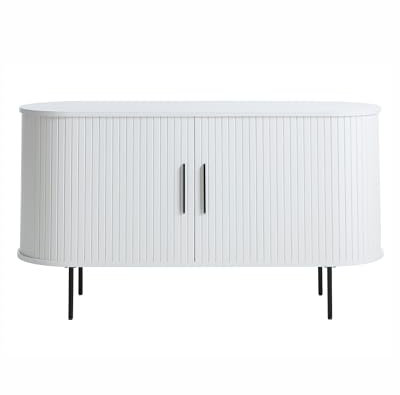 Liadomo Uriel Sideboard - Kommode mit Lamellen-Optik Schiebetüren - Moderner Retro Look - 2 Einlegeböden & hohe Metallfüße - Eiche White Furniert 140x76x45cm