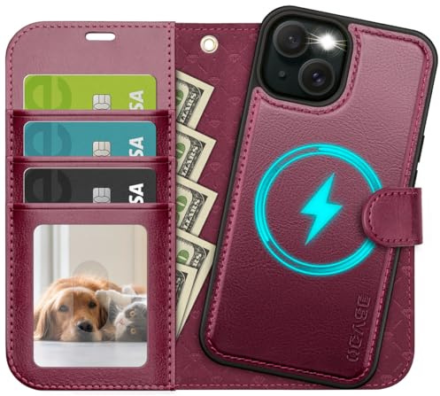 OCASE for iPhone 15 Case, Detachable 2 in 1 PU Leather Wallet, Burgundy | Card Holders, Wireless Charging, RFID Blocking, Kickstand, Shockproof Flip Folio Phone Cover