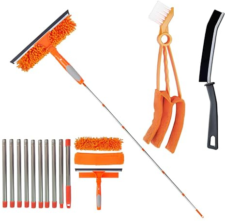 4,5m Fensterputzer Set, Teleskop Fensterwischer mit Abzieher und Mikrofaser | 2-in-1 Fensterreiniger Set mit langem Teleskopstiel,Ersatz-Pads für hohe Fenster, Auto, Glas und schwer erreichbare Stellen