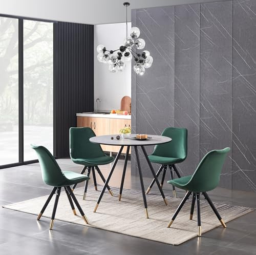 P&N Homewares Sofia Dorchester LUX Round Dining Table Set – Marble Effect Top, 4 Velvet Chairs – Scandinavian Style, Black Metal Legs with Gold Tips – Kitchen Dining Room Furniture