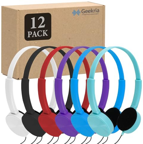 GEEKRIA 12 Pack Wired Classroom Headphones, Adjustable On-Ear Headsets for Students, School, Library, Computer Lab & Testing Centers, Bulk Pack (Circle Earcups)