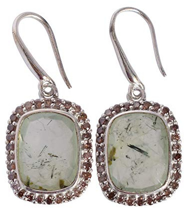 Prehnite & Smoky Quartz Ohrringe 925 Sterling Silber 15x12mm Rechteck 1.5mm Cabochon Rund Blau Lünette Tropfen Ohrringe Damen