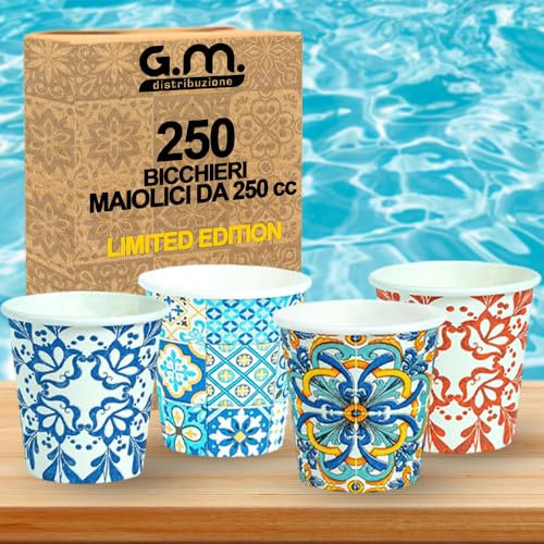 250 Pezzi Bicchieri da Cappuccino in Carta con Grafiche Maioliche, 250 ml, Biodegradabili Biocompostabili, Usa e Getta, 4 Colorazioni, Ideale per Casa, Ufficio, Asporto Bevande Calde