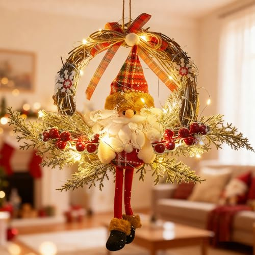 Türkranz Weihnachten, 35cm LED Weihnachten Deko Türkranz, Weihnachtskranz Haustür mit LED Licht, Weihnachtskranz Weihnachtsmann Rattan Kranz, Weihnachtsdeko zum Aufhängen für Haustür, Wand, Fenster