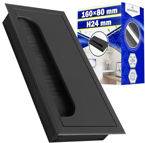 Tapa Pasacables Escritorio 160 x 80 mm H24 mm Color Negro - Pasacables Mesa Escritorio con Cepillo - Garantía de 10 Años - MONTERAL