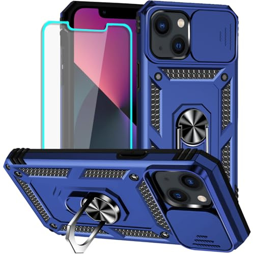 Yiakeng for iPhone 13 Mini Case with Screen Protector: [Military Grade 20ft. Drop Tested] Slide Camera Cover Ring Shockproof Protective Phone Case for - iPhone 13 Mini (Blue)