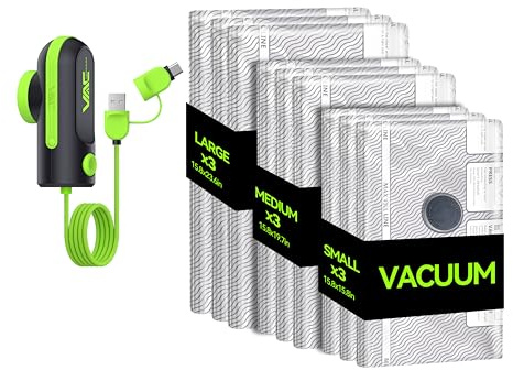 VACKFOX Travel Vacuum Bags with USB & TYPE C Pump, 9 Pack Carry-On Vacuum Storage Bags for Luggage & Suitcase, Vacuum Luggage Bags, Space Saver for Clothes & Travel(Green)
