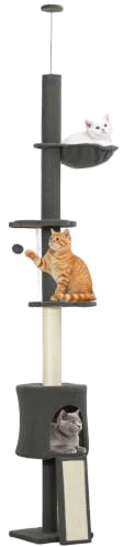 PawHut Árbol para gatos de techo 5 en 1, altura 220-240 cm, torre para gatos con hamaca, casita, plataformas de flor y postes de sisal, para gatos de hasta 5 kg y gatitos, gris oscuro