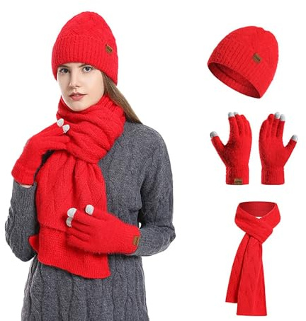 Generisch Mütze Schal Handschuhe Set Damen Touchscreen Handschuhe Herren Warm Wintermütze BeanieMütze Knit Gefütterte Strickmützen Set Winddichte Handschuh Weichem Strickschal Strick Winterschal