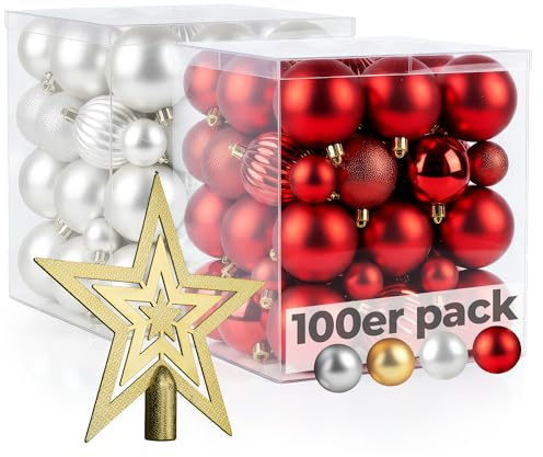 Menz Weihnachtskugeln 101er Rot & Silber mit Glanz Matt Glitter 3 4 6cm inklusive Sternspitze hochwertige Christbaumkugeln perfekte Weihnachtsdeko für jeden Baum