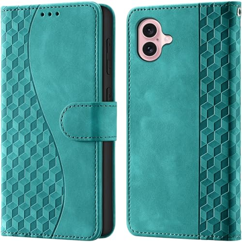 Wallet Flip Case for iPhone 16 Leather Turquoise | RFID Blocking, 3 Card Slots & 1 Cash Pocket, Magnetic Closure, Kickstand, PU Leather Flip Cover for iPhone 16
