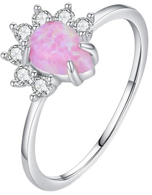 Mesnt Ring Weißgold 375, Damen 9 Karat Weißgold Zarter, dünner Ring mit tropfenförmigem Opal und Moissanit, Größe 47 (15.0)