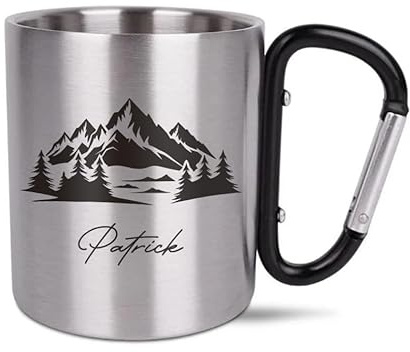 Campingbecher aus Edelstahl personalisiert Berge Alpen Landschaft – Metallbecher mit Karabiner & Gravur – Outdoor Tasse mit Name oder Spruch – Geschenk für Camping, Wandern & Vanlife
