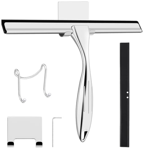 wlich Shower Squeegee, 12 Inch Stainless Steel Window Squeegee with 2 Hook | Silicone Blade, Window Squeegee Cleaner for Shower Glass Door, Shower Wiper Screen for Bathroom, Window,Mirror and Car Glass