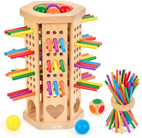 Montessori Spiel Brettspiel aus Holz, 42 Stück Bunte Holzstäbchen Würfelspiel, Feinmotorik & Zählspielzeug für Kinder ab 3 4 5 6 Jahre, Familienspiel & Reisespiel Geschenk für Jungen und Mädchen