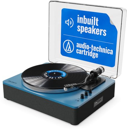 MAJORITY Folio Bluetooth Vinyl Record Player (Blue) | Bluetooth Turntable with Built-in Speakers, Bluetooth In & Out, USB Recording, RCA & AUX, 33 & 45 RPM, Pitch Control