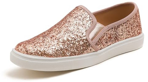 Feversole Women's Fashion Slip-On Trainer Casual Flat Loafers,Skater Pumps Trainers Sneakers Shoes Rose Gold Glitter Size 3.5