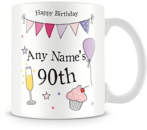 90th Birthday Gift for Women - Personalised Mug/Cup - Add Name - Party Design - Pink