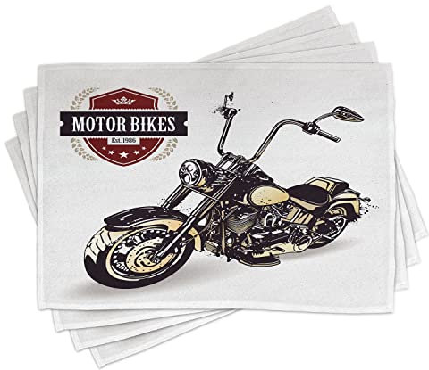 ABAKUHAUS Motorrad Platzmatten, Chopper Customized Motorrad Mit Club Insignia Motor Bikes Hippie Classic, Waschbare Stoff Esszimmer Küche Tischdekorations Digitaldruck, Schwarz Burgunderrot