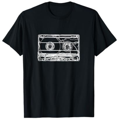 Musikliebhaber Geschenke für Männer und Frauen Retro Musik Kassette Skizze Vintage Audio Zeichnung T-Shirt Schwarz S Klassische Passform Crew-Kragen Kurzarm Unisex Erwachsene