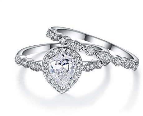 EVER FAITH Damen Ring Zirkonia KlarHochzeit Braut Birne geformt Teardrop Träne Versprechen Ring Set V 1/2