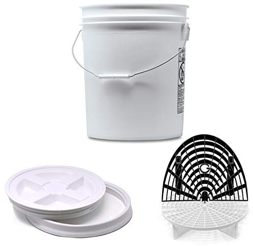 Detailmate professionelles Wasch Eimer Set: Magic Bucket Wascheimer 5 GAL (ca. 20 Liter), Gamma Seal Eimerdeckel weiß, GritGuard Schmutz Einsatz weiß, GritGuard Washboard schwarz