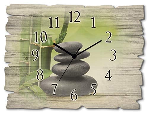 ARTLAND Wanddeko Wanduhr ohne Tickgeräusche aus Holz Funkuhr 40x30 cm Rechteckig Lautlos Zen Spa Steine Bambus Asiatisch Originell T5OP