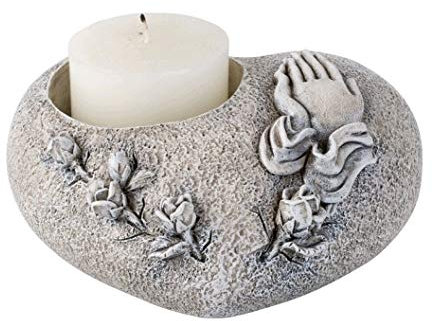 Grab-Herz für Grab-Kerze mit Betende Hände, Gesamt-Breite: 16,5 cm, Loch-Durchmesser x Höhe: 6 x 5 cm, Polyresin Outdoor