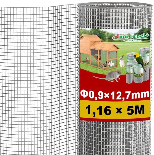 Amagabeli Drahtgitter Volierendraht 1,16 X 5 Meter,0.9mm 12,7 mm Maschenweite Feuerverzinkt & Rostfrei – Für Hochbeet, Voliere, Kaninchenzaun, Wühlmausschutz | Leicht Schneidbar & Wetterfest