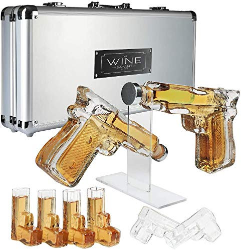 The Wine Savant Pistol Whiskey Gun Decanter & Pistol Shot Glasses Set - Comes with A Large Carrying Case - Drinking Party Accessories, Pistol Gun Liquor Decanter Bottle Great Gift!