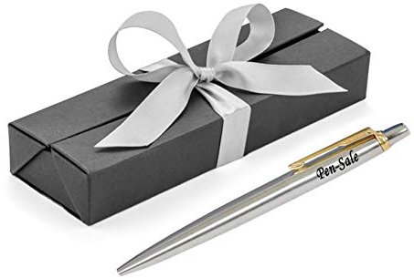 Personalised Engraved Parker Jotter Stainless Steel Gold Trim Ballpoint Pen in a Black Box with Silver Ribbon, Blue Ink, Custom Gifts for Christmas - Enter Your Custom Engraving