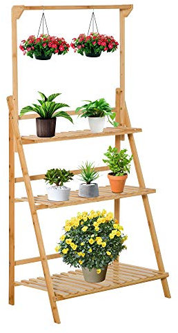 Outsunny Blumentreppe aus Holz Pflanzenständer Leiterregal einstellbare Hängehöhe Blumenständer hängende Bamboo Natur innen draußen 70 x 40 x 143 cm