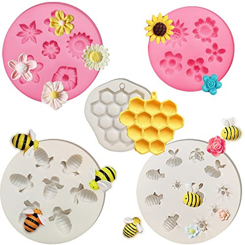 5 Stk Hummel und Blume Fondantformen, CNYMANY Handgefertigt Silikon Bienenwabe Backen Schokoladenformen für Geburtstagsparty-Dekoration DIY Kuchendeckel Süssigkeit Kekse Polymer-Ton Bastelprojekt