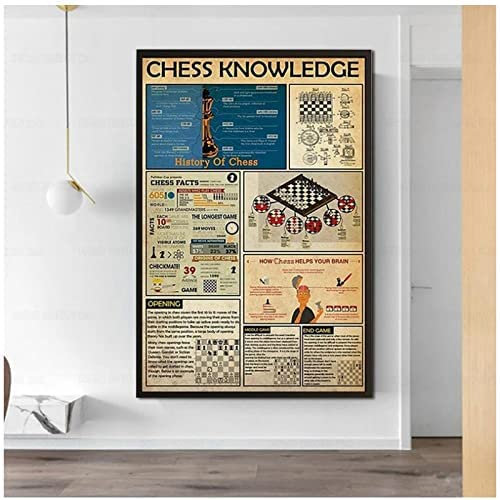 VVBGL Schach Wissen Poster Kunstdrucke Retro Schach Wand Bilder Junge Geburtstagsgeschenk Leinwand Bild Home Wohnzimmer Schlafzimmer Wand Dekor Bild 60x90cmx1 Kein Rahmen