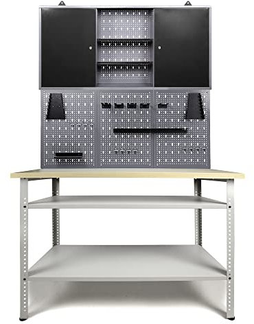 Ondis24 Werkstatteinrichtung 120 cm Werkbank Basic Pro, Metall, Lochwand mit Hakensortiment, 1 Werkstattschrank